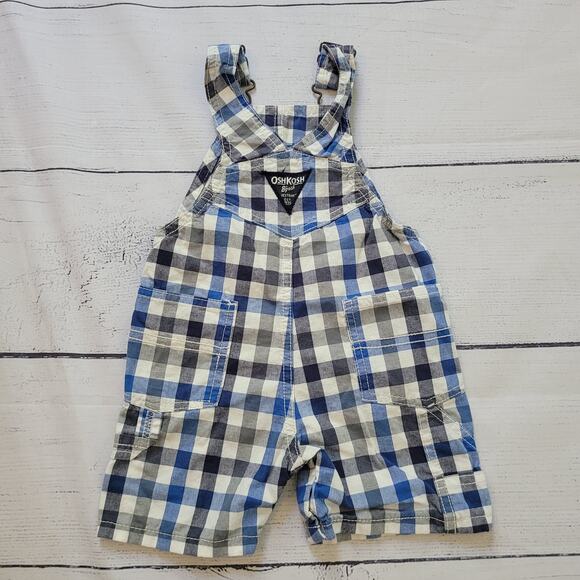 Oshkosh B'Gosh	 Size 12m Classic Plaid Blue and White Shortall Overalls - Picture 2 of 6